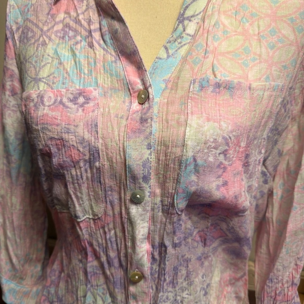 Ruby Rd. Pastel Pink & Aqua Patterned Button-Front Shirt - Picture 4 of 9